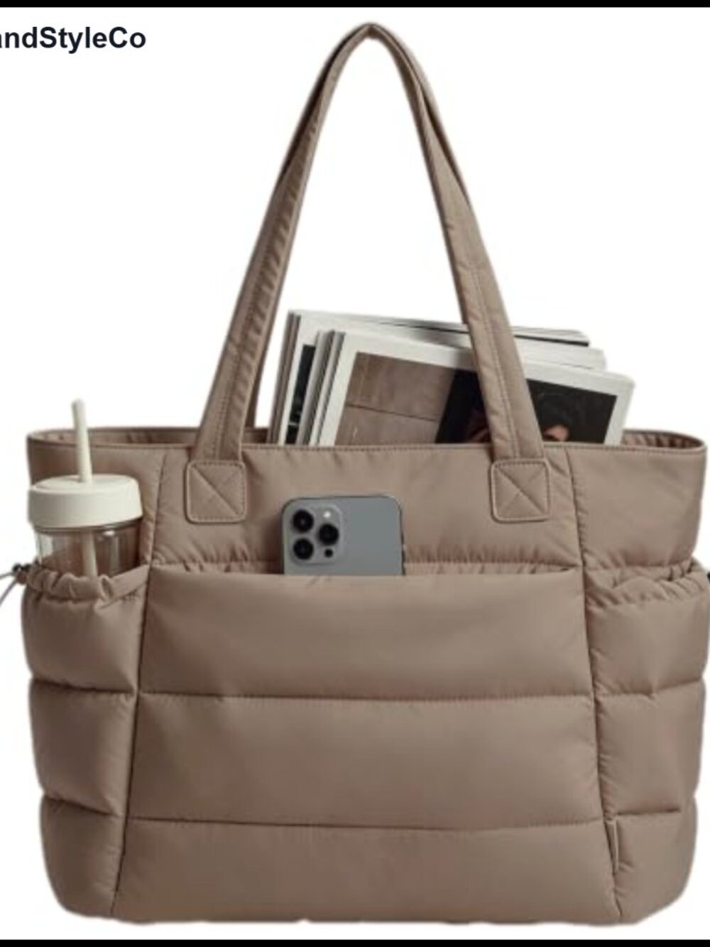 Quilted Puffer Tote Bag Women Large Zipper Pockets Cup Holder